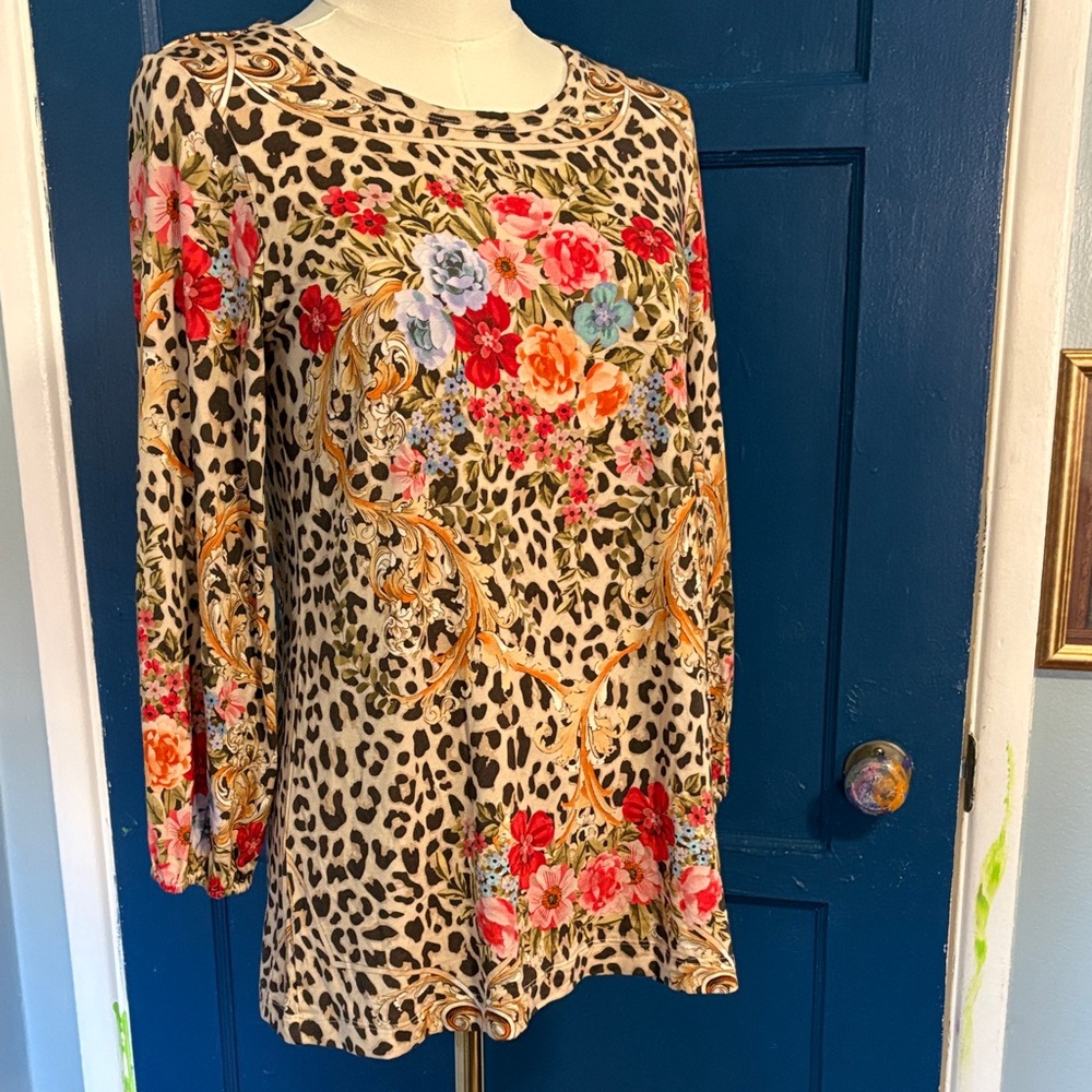 Johnny Was Multicolor Floral and Leopard Top